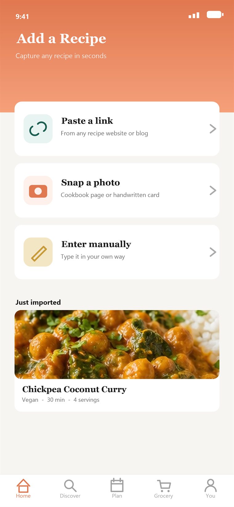 Sapori import screen with options for URL, photo, and manual entry
