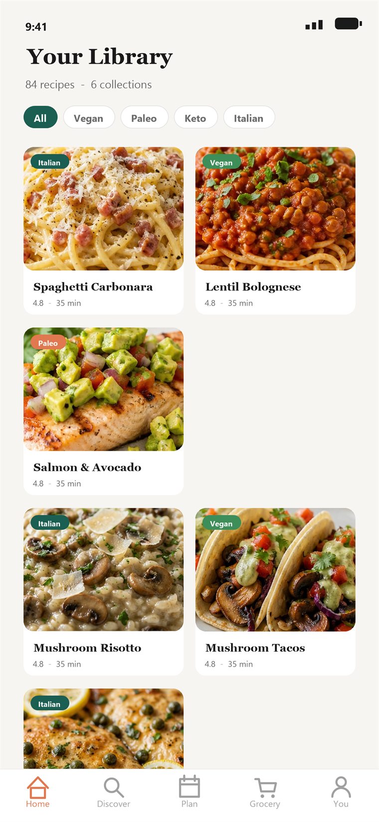 Sapori library view with collections grid