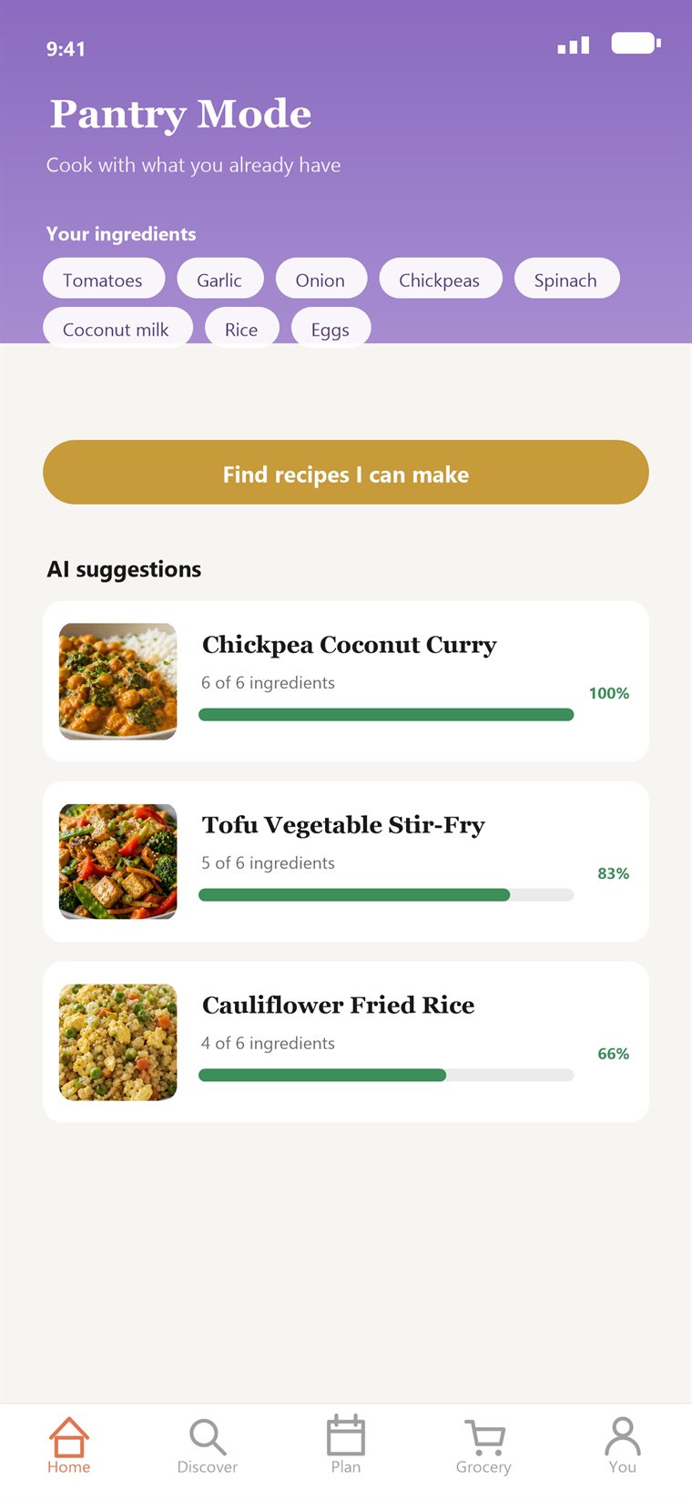 Sapori pantry mode showing ingredient chips and matched recipes