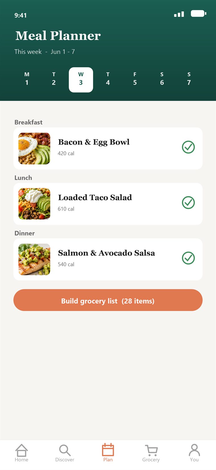 Sapori meal planner with a weekly calendar view